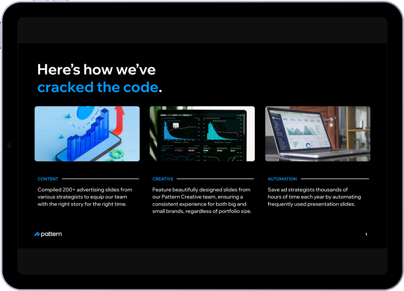 Slide showing how Pattern cracked the code with Content, Creative, and Automation pillars